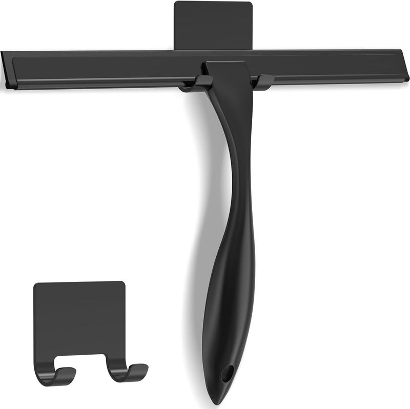 Docrok All-Purpose Stainless Steel Shower Squeegee for Shower Glass Door with Adhesive Hook, Bathroom Cleaner Tool Household Window Mirror Squeegee for Glass Doors, Cleaning Tile Wall, Car, 12 inch, Black - Image 1